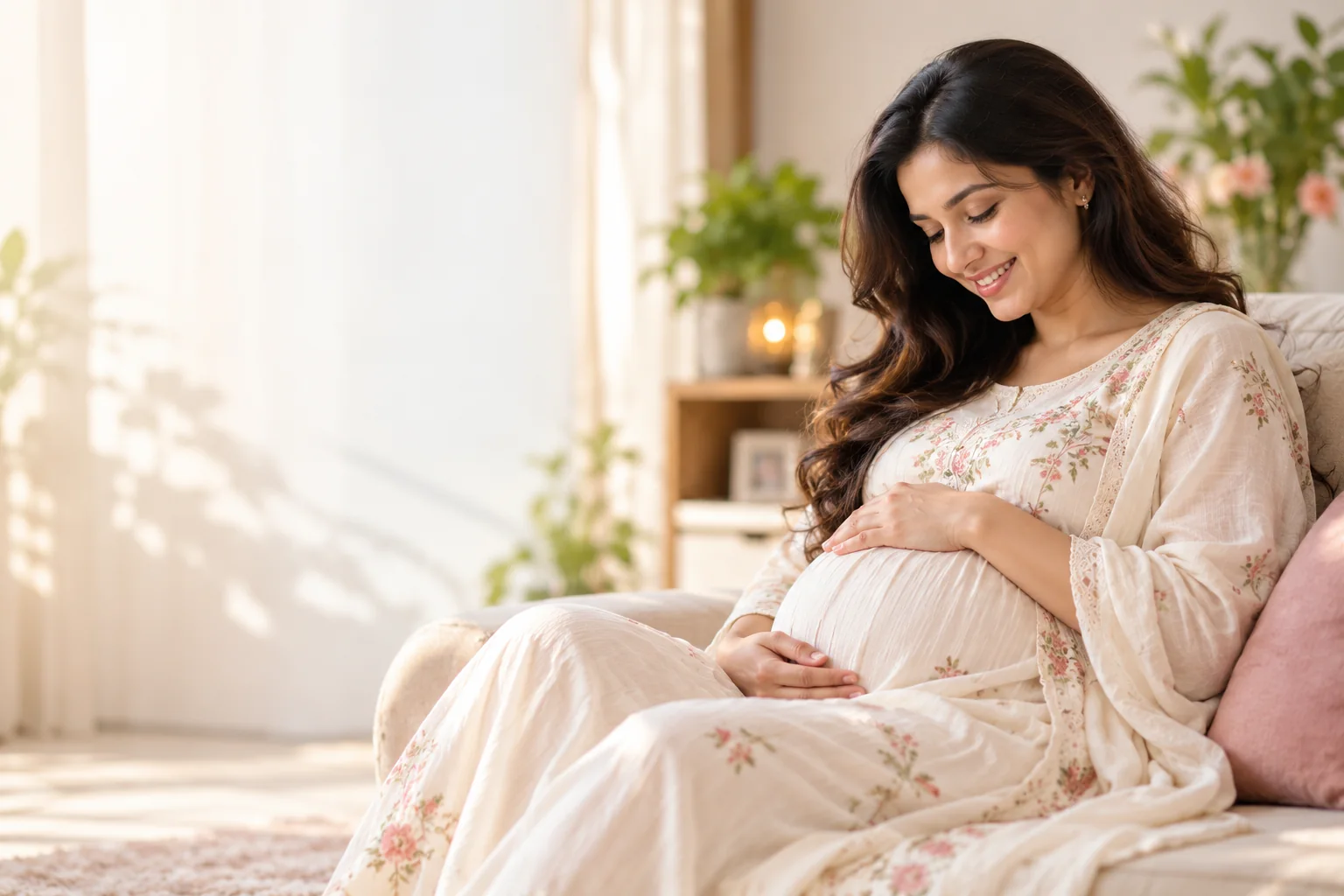 Expectant mother sitting comfortably and gently resting her hands on her belly