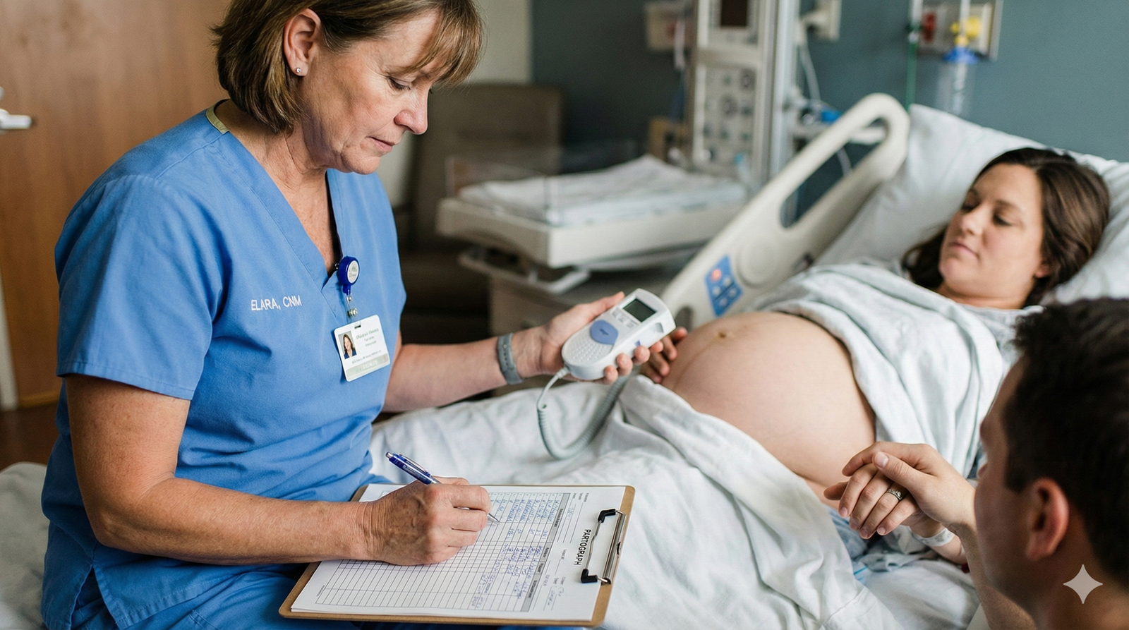 Midwife monitoring labour using partograph